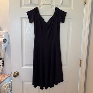 navy off the shoulder cocktail skater dress